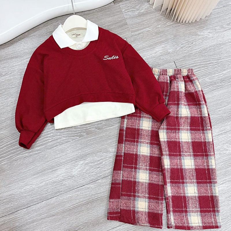   Poba.43  set 3 chi tiết cho. Áo cổ trụ bên trong+áo len thỏ bên ngoài mix quần suông kẻ dạ xinh xắn đồ bé gái 