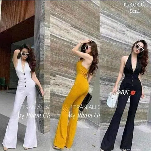 Jumpsuit ống loe hở lưng tôn dang đi tiệc dáng dài chấm đất có sẵn mut ngực,dây kéo giọt sau lưng cài nút cổ  Nữ   cổ jum