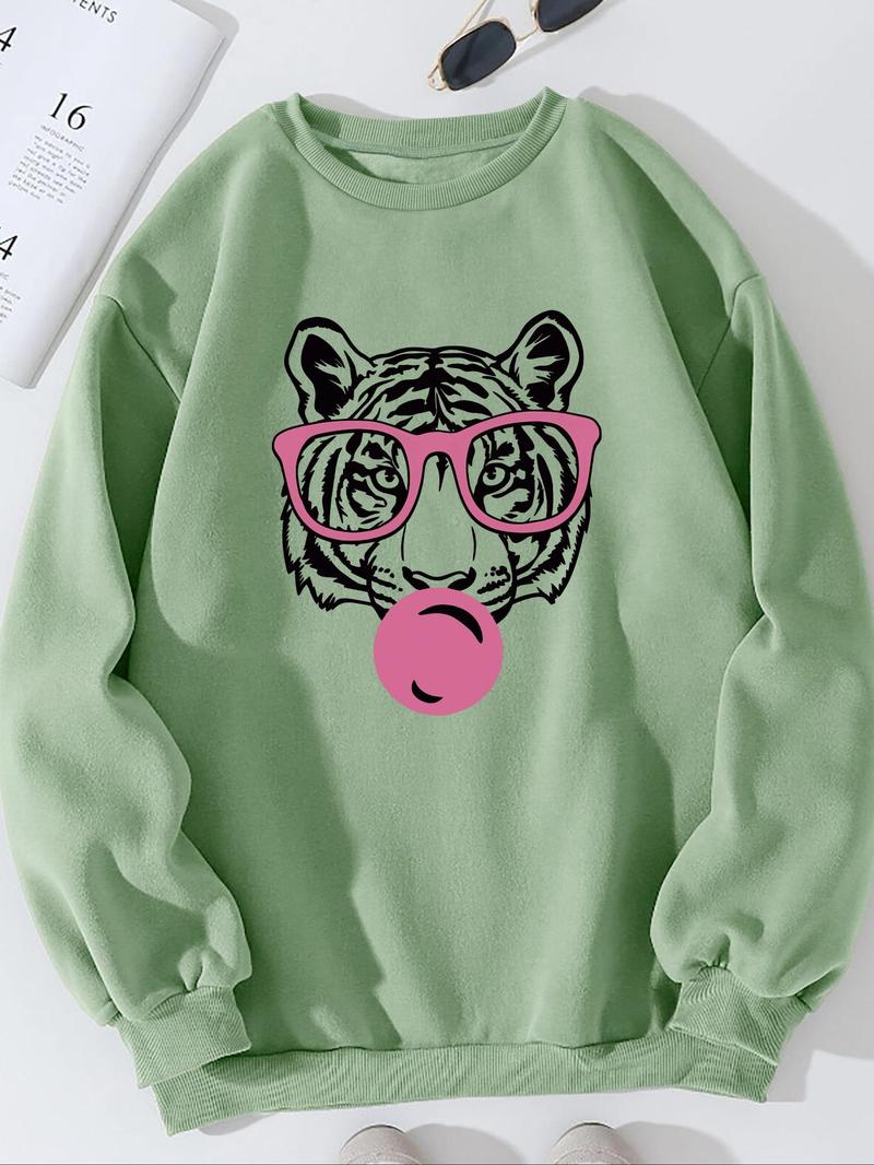 Product Introduction of Women's Tiger Print Round Neck Sweatshirt, Fashion Casual Crew Neck Pullover for Daily Holiday Outdoor Wear, Ladies Clothes for All Seasons 5