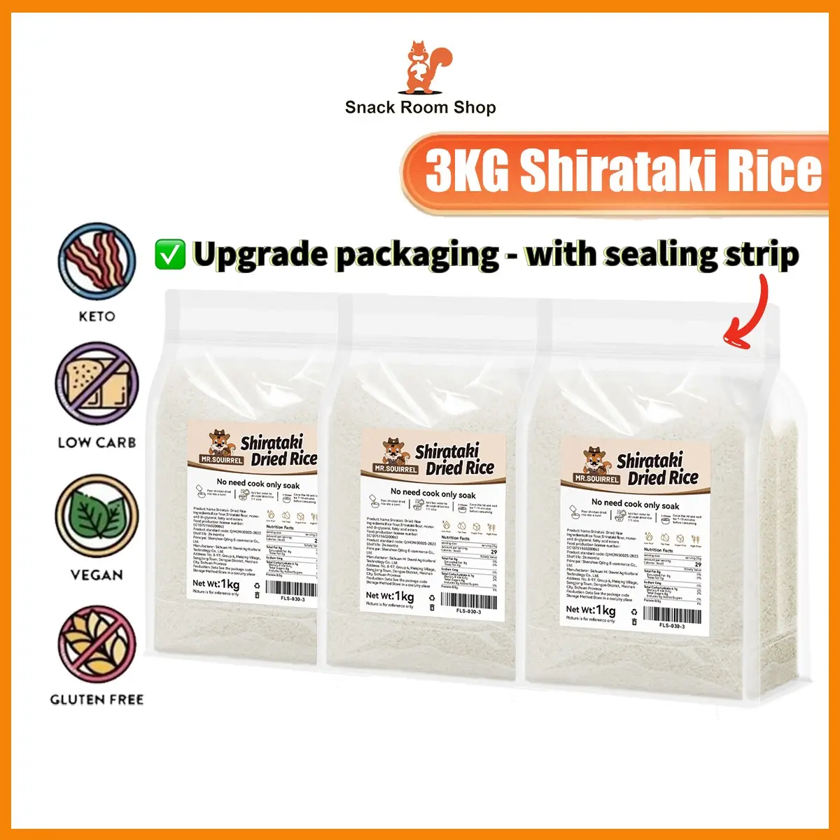 Dry / Dried Shirataki Rice 500g 1kg Konjac Rice Pack Portable Pack 100g Keto/Low Carb Approved (Rice Alternative)