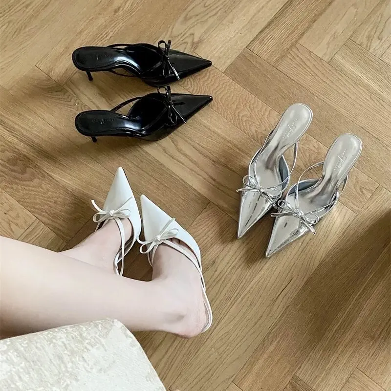 Giày sục nữ mũi nhọn gắn nơ cao 7phân da bóng Shoes dép giày  cao  gót nơ