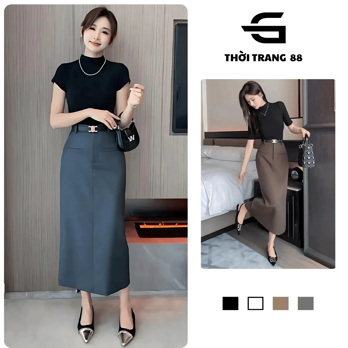 Chân váy dài xuông ép mùng cao cấp CV011 thời trang 88 - Màu đen, nâu, xám - Nữ, Women