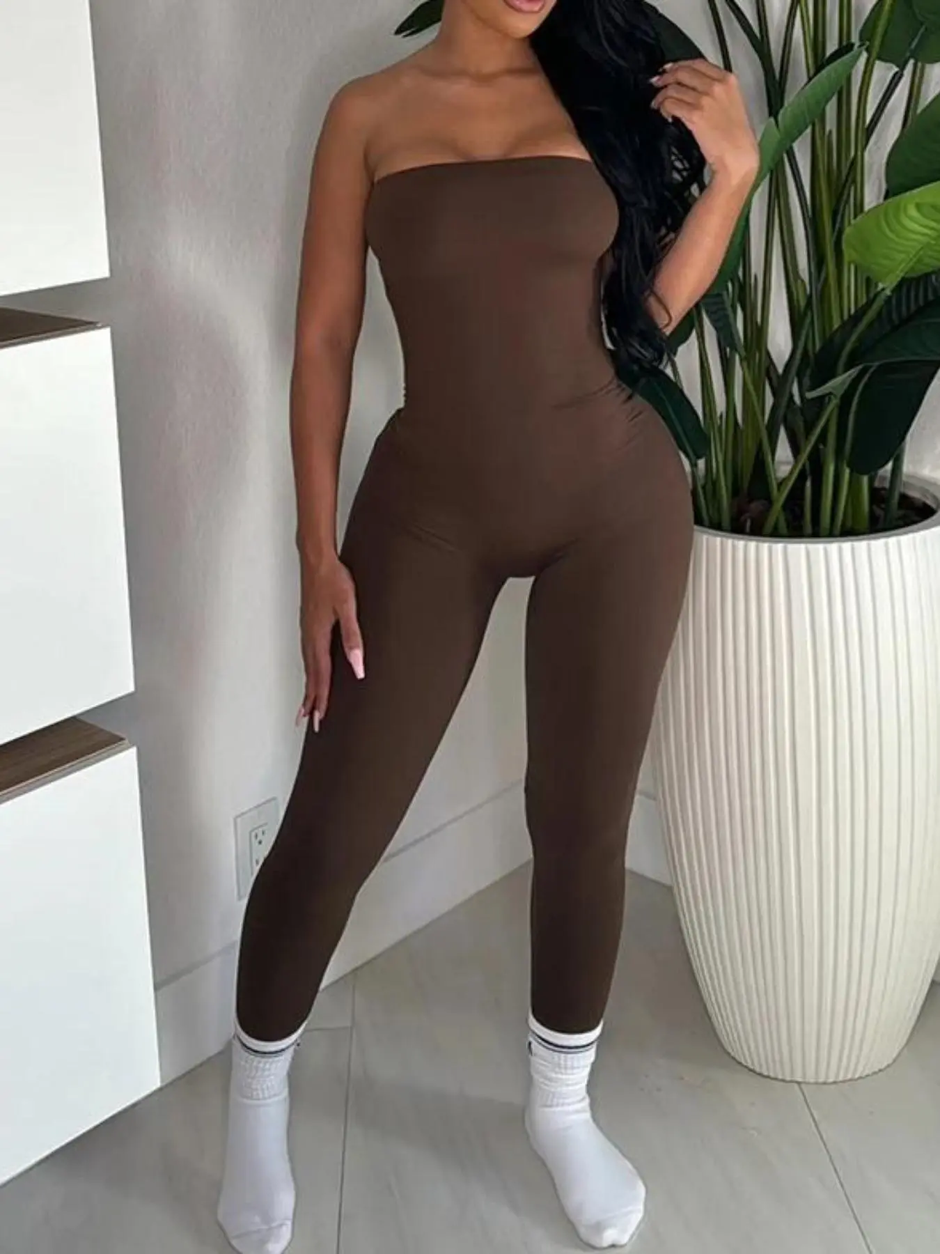 Women's Solid Backless Tube Jumpsuit, Casual Comfy Strapless Skinny Jumpsuit for Daily Wear, Ladies Clothes for All Seasons