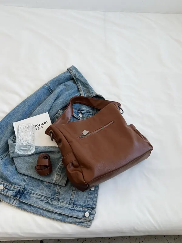 Women's Solid Large Capacity Tote Bag, Fashionable Casual Shoulder Bag for Work & Daily Used, Casual Trendy Versatile High-quality Daily Commuting Bag, Girl Fashionable Shopping Bag 6