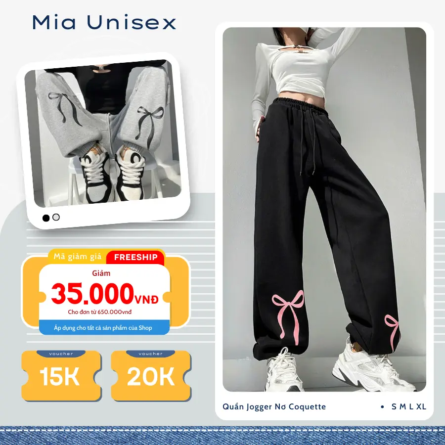Quần nỉ bông chun lưng dây rút dáng thể thao MIA UNISEX, quần jogger nữ in nơ dễ thương