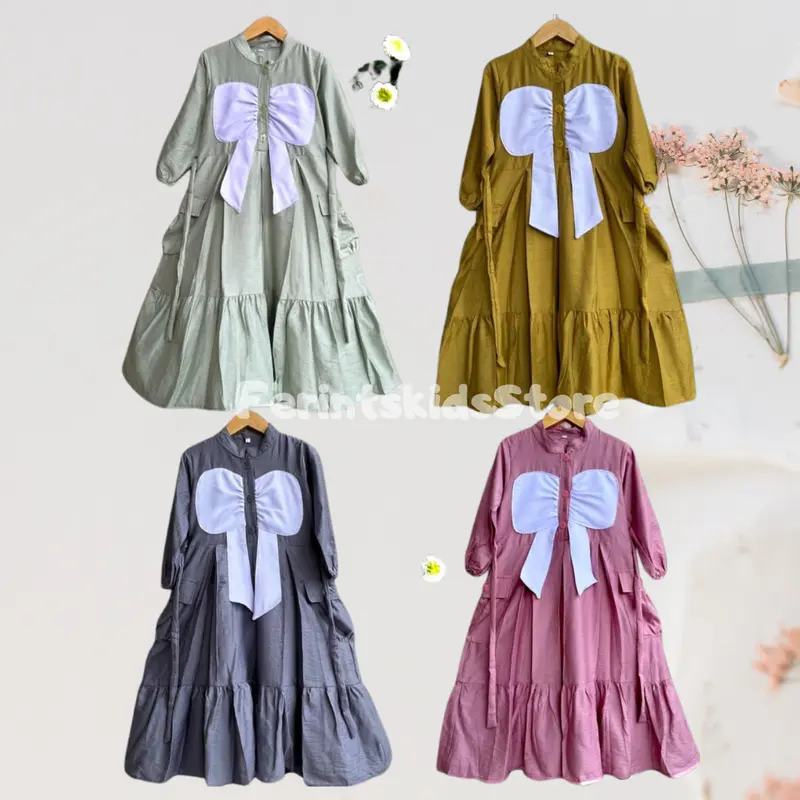 Gamis Cargo Lafana Buffy Muslim Anak Perempuan Motif Pita kupu kupu Usia 3-12 Tahun Lembut Linen Nyaman gamis Katun Remaja 0