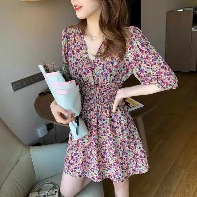 Váy Nhẹ Nhàng, Ngọt Ngào Và Dễ Thương, Hàng Mới Về, Với Xếp Ly Kiểu Pháp, Eo Thon, Tay Ngắn, Làm Bằng Voan, Thiết Kế Hoa Nữ Women Dress