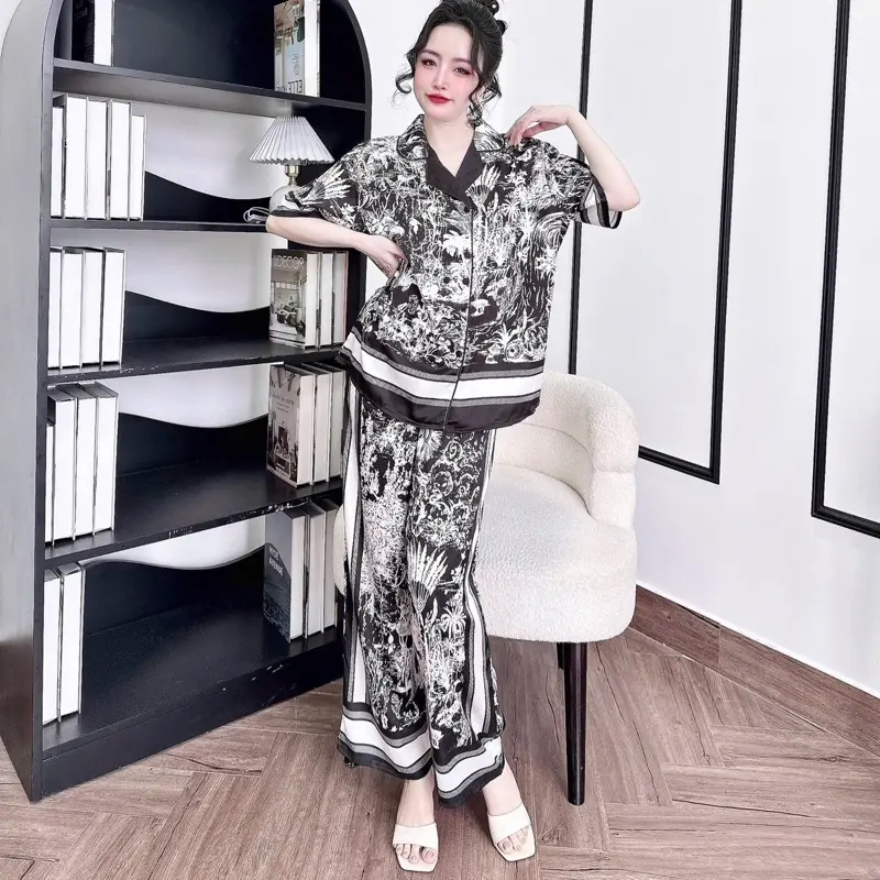 Đồ Bộ Pijama Bigsize,Vest Rừng Đen, FROM RỘNG Lụa Latin Tơ Tằm quần dài 95cm 6