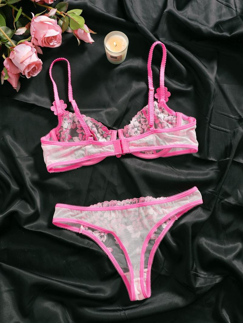 Product Introduction of Women's Floral Embroidery Sheer Sexy Lace Lingerie Set, Adjustable Strap Push Up Bra & Thong, Sexy Lingerie Set for Women 2