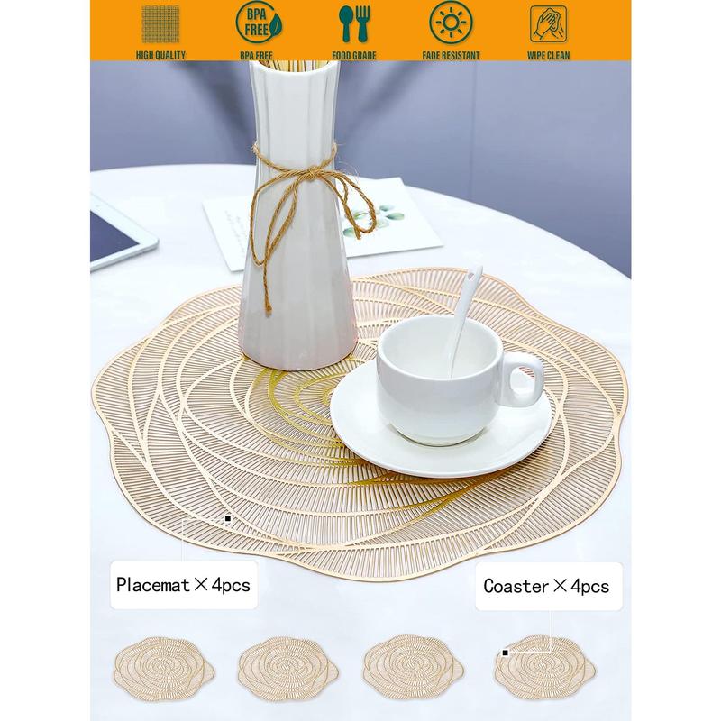 8pcs/set Gold Hollowed-out Rose Pvc Place Mats And Coasters, Washable, Easy To Clean, Wipeable, Slip-resistant, Heat-resistant, Suitable For Dining Table, Holiday, Wedding, Party Decoration Tableware 1