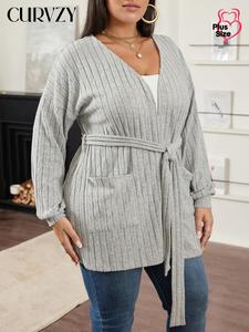 CURVZY Plus Size Autumn Aesthetic Solid Belted Drop Shoulder Long Sleeve Cardigan Coat, Casual Long Sleeve Open Front Outerwear for Fall, Women's Clothes for Daily Wear