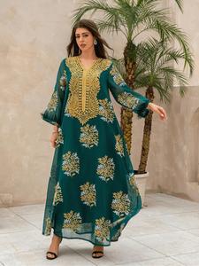 Women's Embroidery Trim V Neck Arabian Dress, Elegant Long Sleeve Muslim Dress for Party Daily Wear, Ladies Islamic Clothing for All Seasons