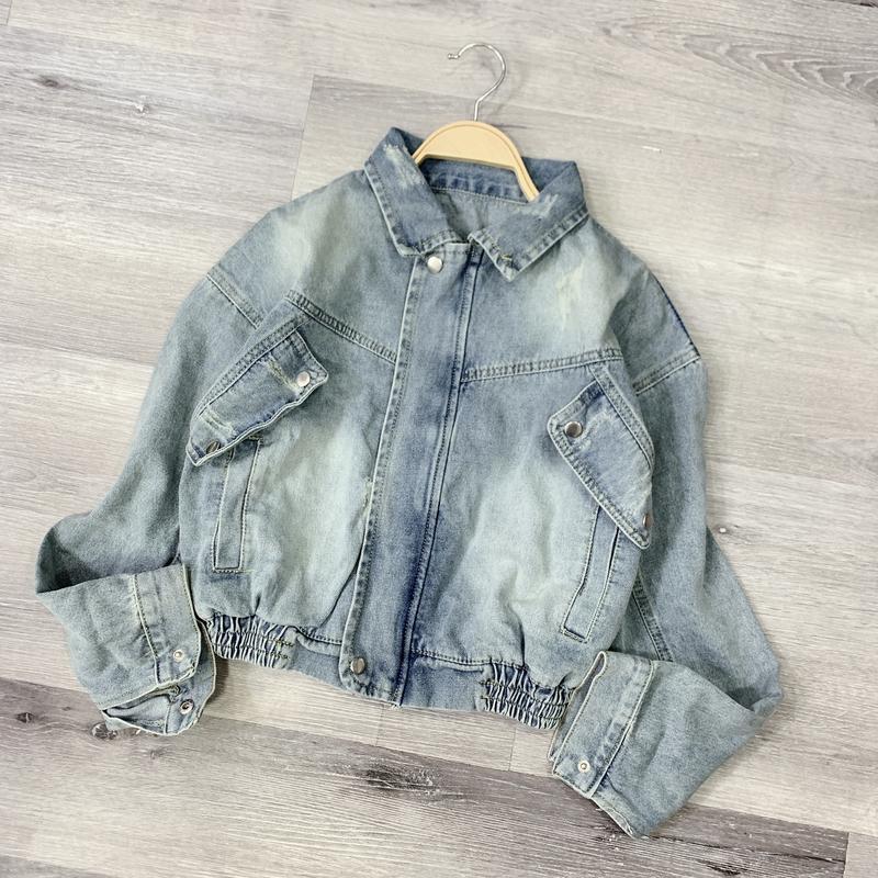 Áo khoác jean nữ khóa keo nắp túi top phom ngắn chất Denim Kem Cotton Jacket Women 48cm [CK]