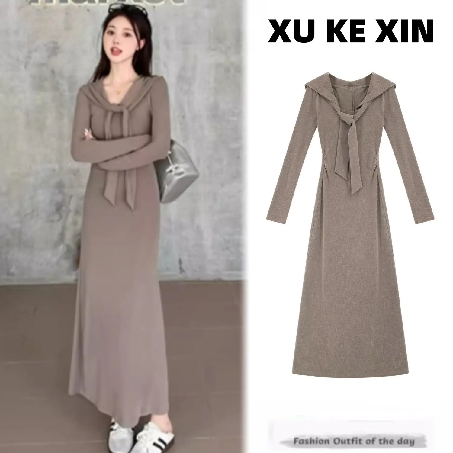 Váy Dệt Kim, Phong Cách Hàn Quốc Cao Cấp, Khăn Choàng Giả Hai Lớp, Dành Cho Nữ, Thích Hợp Cho Mùa Thu Và Mùa Đông, Phong Cách Dễ Thương Và Gợi Cảm, Ôm Sát, Váy Dài