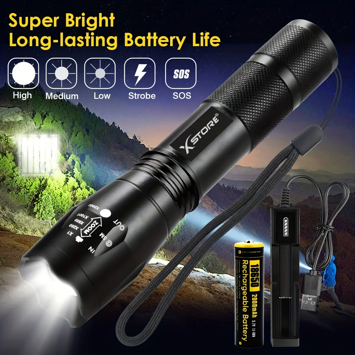 LED Zoomable Flashlight USB Charger Super Bright 5 Model Mini Portable Torch For Camping Outdoor Emergency