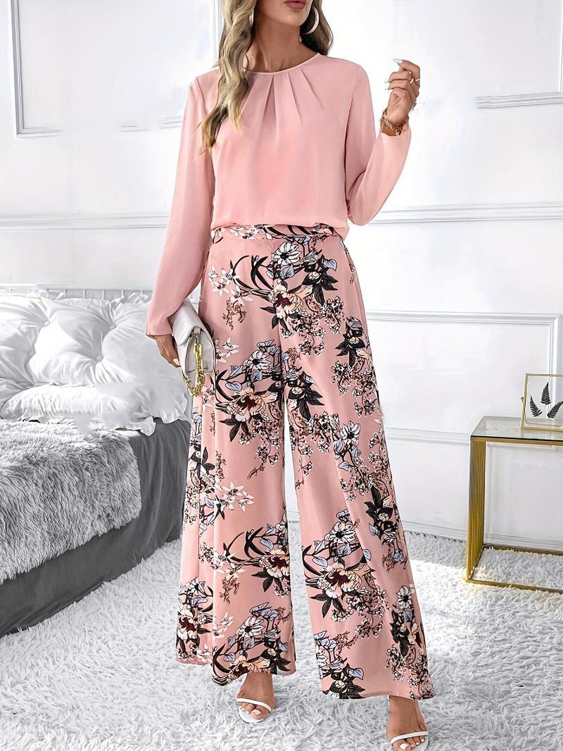 Product Introduction of Women's Solid Color Blouse & Floral Print Wide Leg Pants Two-Piece Set, Elegant Long Sleeve Top & Pants for Spring & Fall, Ladies Clothes for Daily Wear, Womenswear 5