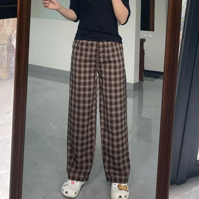 QUẦN VẢI ỐNG SUÔNG CẠP TRUN hoạ tiết kẻ ô vuông 4 màu Full size S,M,L,XL mùa hè cực mát