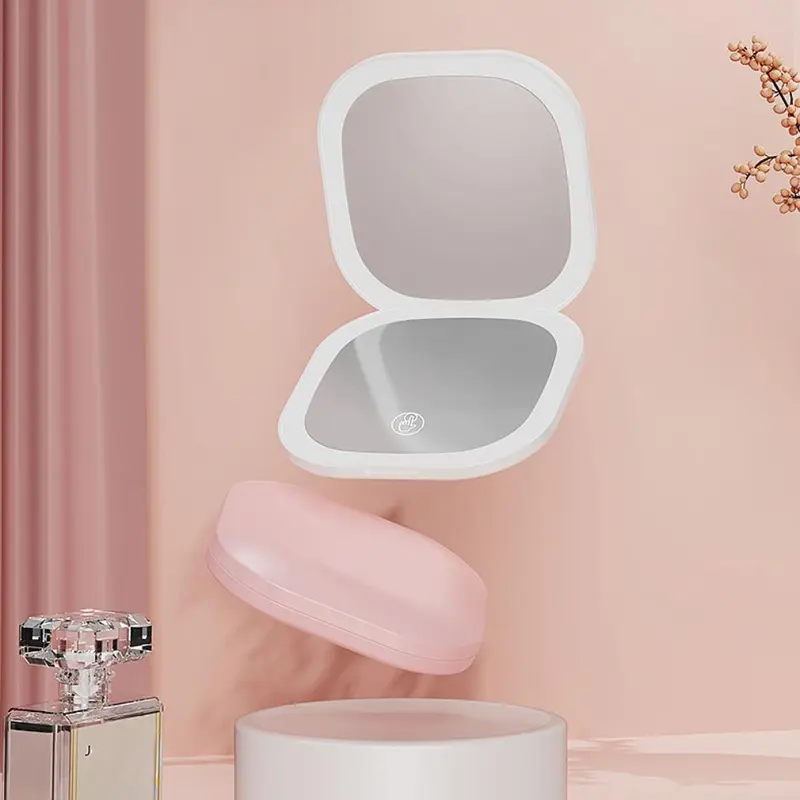 Double-sided LED Light Makeup Mirror, Portable Foldable Handheld Makeup Mirror with Touch Switch, 3-speed Brightness Adjustment Handheld LED Fill Mirror, White 0