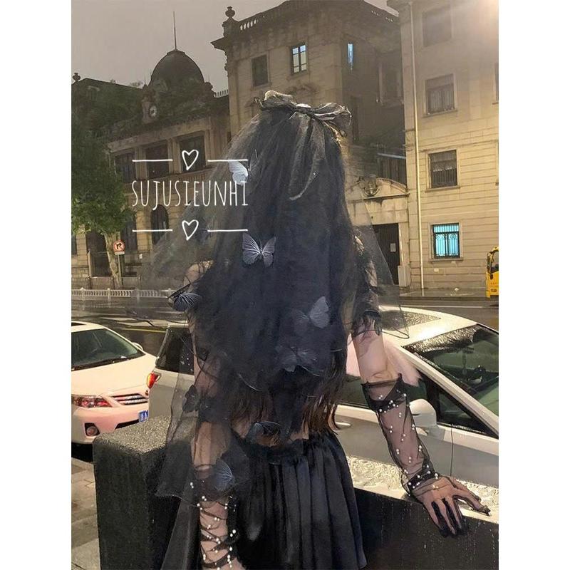 Khăn voan lúp cài đầu hình nơ trái tim gắn bướm đen hoá trang cô dâu phụ kiện tóc halloween huyền bí Hoa 3