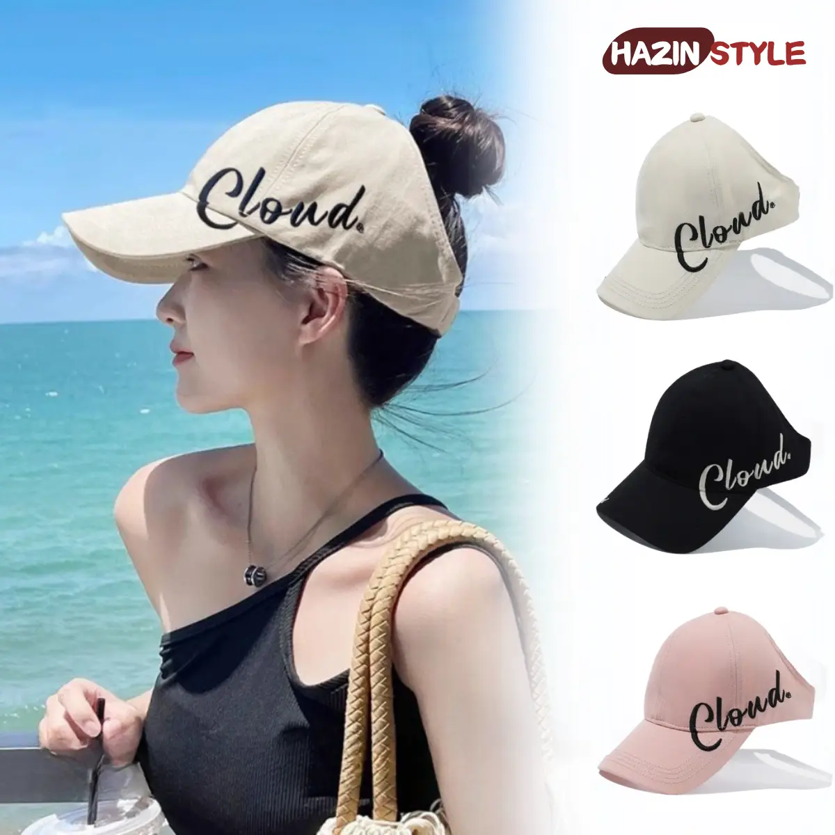 Mũ lưỡi trai HAZIN hở nửa đầu thêu chữ Cloud form mềm, nón thời trang chơi thể thao cá tính