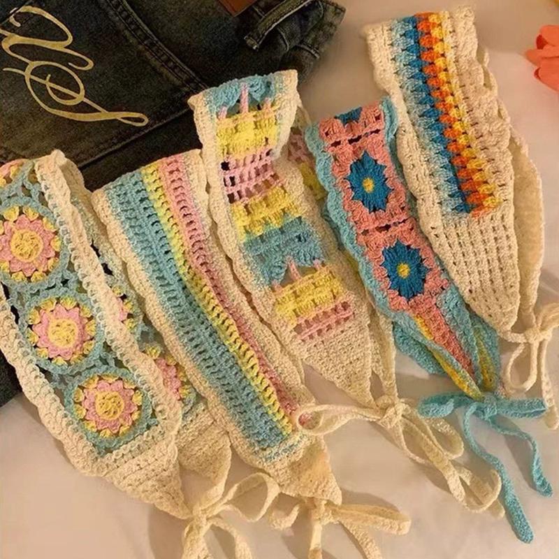 Product Introduction of Colorful Ethnic Style Triangular Headscarf Colorful Dopamine Sweet Hair Bands Knitted Bandanas for Women Girls 12