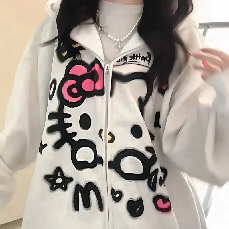 Áo Hoodie Nhỏ In Hello Kitty, Phong Cách Nhật Bản Áo Chui Đầu, Áo Cardigan Độn Nhung, Dáng Rộng Vừa Vặn, Phong Cách Ngọt Ngào Và Ngầu Dễ Phối Đồ, Bộ Sưu Tập 1421, Xu Hướng 2024