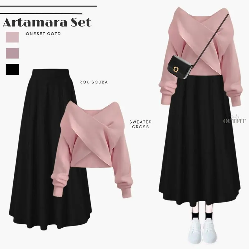 Bramantyashop - Artamara Set Outfit wanita | Atasan Sweater Rajut Cross Korean Knitted | Bawahan Rok Scuba Premium | Setelan Oneset wanita | OOTD Korean Look | Setelan Remaja Casual Panjang 0