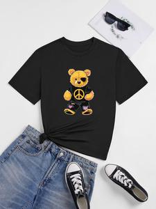 ImprinTee Women's Cute Cartoon Bear Print Round Neck Tee, Casual Short Sleeve Crew Neck T-Shirt for Daily Holiday Vacation Outdoor Wear, Ladies Tops for All Seasons