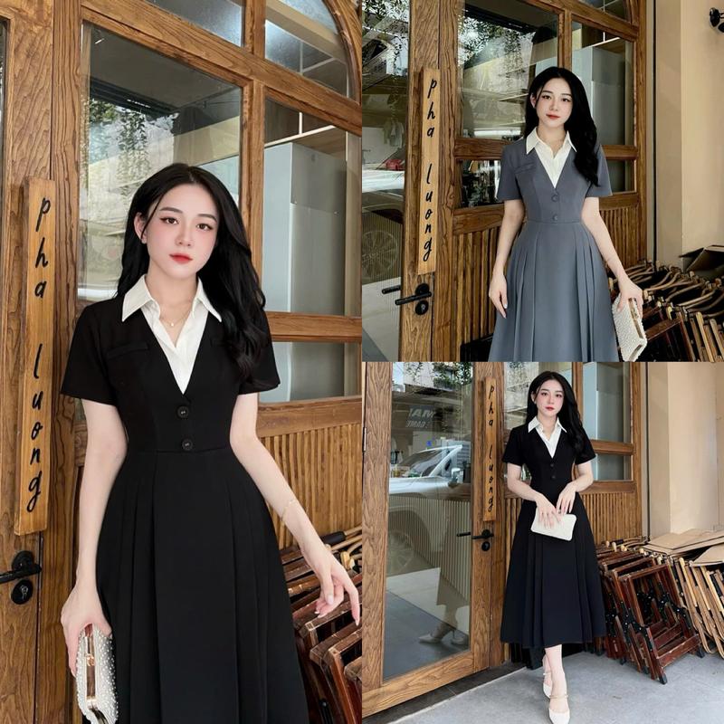 Váy Thiết Kế Evii N54 dành cho nữ Đầm thiết kế cổ bẻ phối ly dài phù hợp đi làm và đi chơi Women Dress có Bigsize