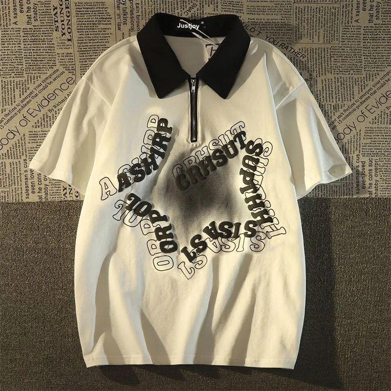 Product Introduction of [ 27k Favorites] American Retro Star Polo Collar Short Sleeve T-Shirt Unisex Loose Fit Hong Kong Style Vintage Half-Zip Couple Top 5