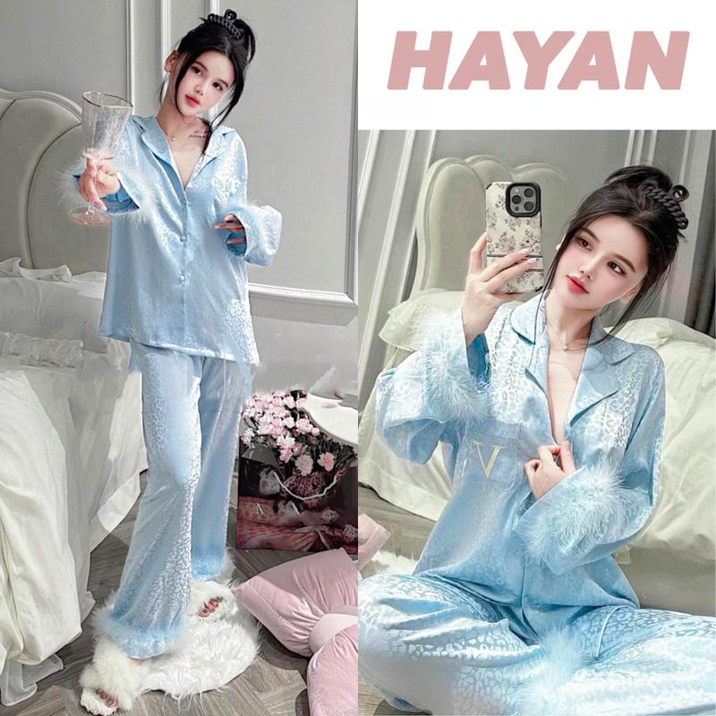 HT798 Bộ pijama lụa hoạ tiết báo tay lông sang chảnh, set đồ ngủ tiểu thư dáng dài tôn dáng HT798