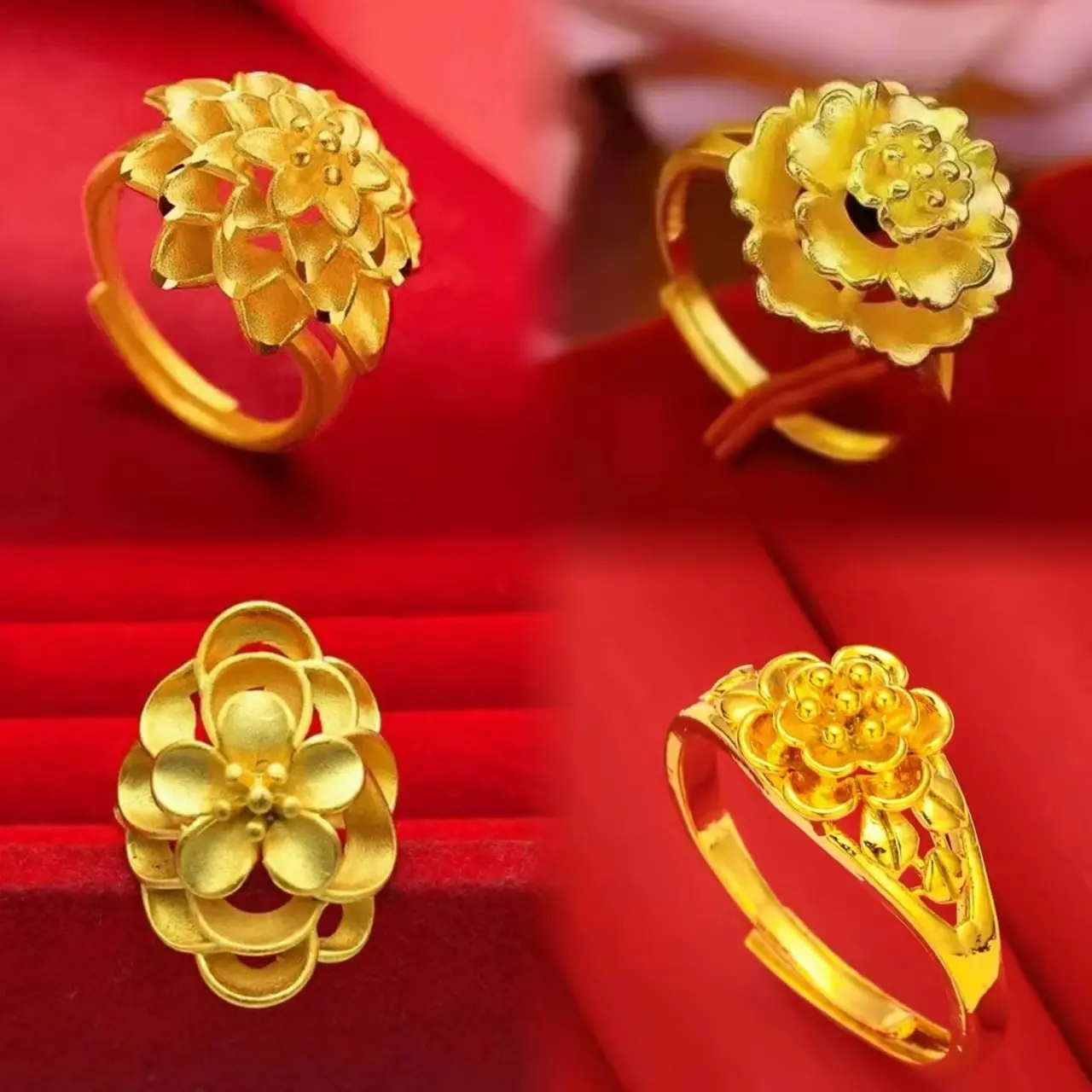 Vietnamese Gold-Plated Fashionable Peony Flower Ring for Women, Prosperous Flower Adjustable Ring
