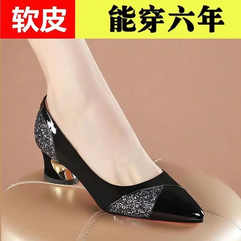 High Quality Real Soft Leather Shoes Female 2021 Spring and Summer New Pointed Low-Cut Chunky Heel Comfortable All-Match Leather Work Shoes