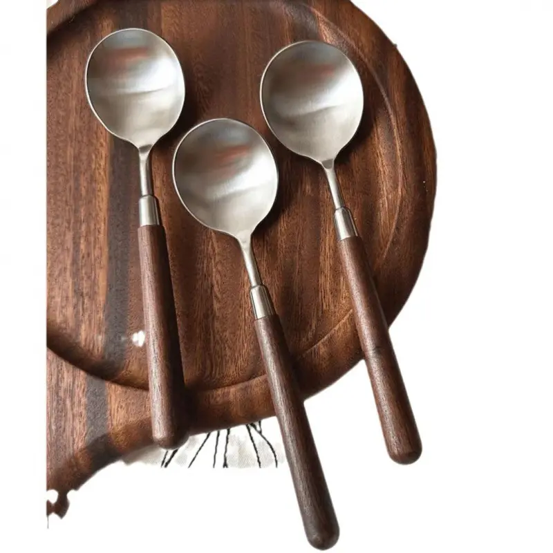 3 wooden handled spoons with walnut like texture, stainless steel spoons and forks set for home use, Western cuisine, tableware, rice spoons, soup spoons