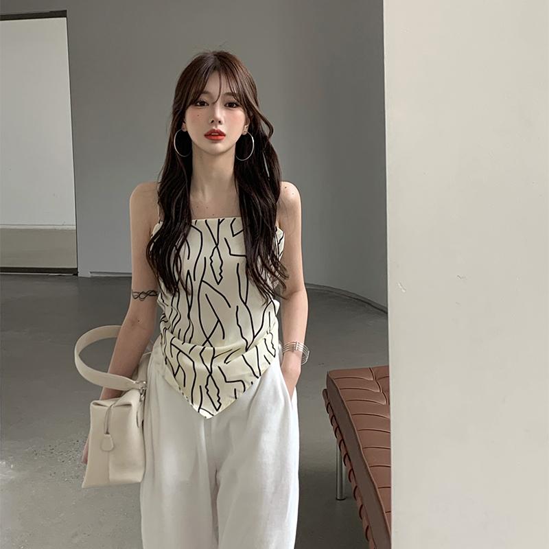 Women Irregular Hem Backless Camisole, Boat Neck Sleeveless Off-the-shoulder Tops, Black/ Beige 0