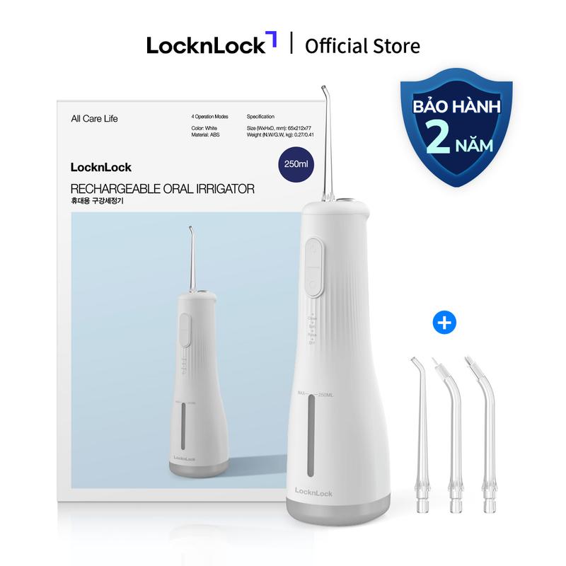 Máy tăm nước LocknLock ENR154WHT 250ml - Màu trắng - 4 chế độ, ngăn chứa đầu tăm, pin 2000mAh