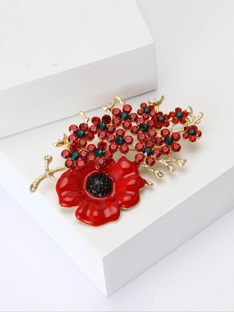 Product Introduction of Poppy Design Brooch, Fashionable Rhinestone Decorated Brooch for Women & Men, Enamel Pin Suitable Jewelry for Backpacks, Jeans, Scarves, Hats Decoration 3