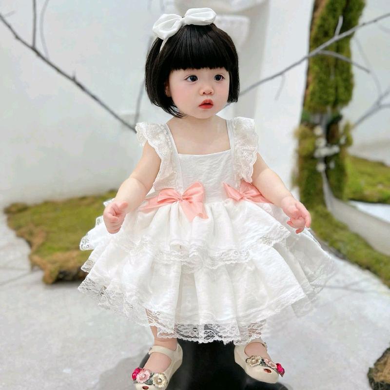 Váy Trắng Cánh Tiên 2 Nơ Hồng Cam Chất Đũi Mềm Kèm Tuban+ Quần Chip 5-12Kg,Váy Cho Bé Gái Đầy Tháng Sinh Nhật