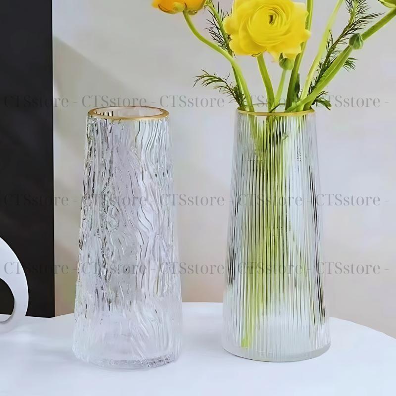 Lọ hoa thủy tinh vân sọc sang trọng CTSstore  - Cao 21.5cm | Miệng 7cm | Thủy tinh dày viền mạ vàng 2
