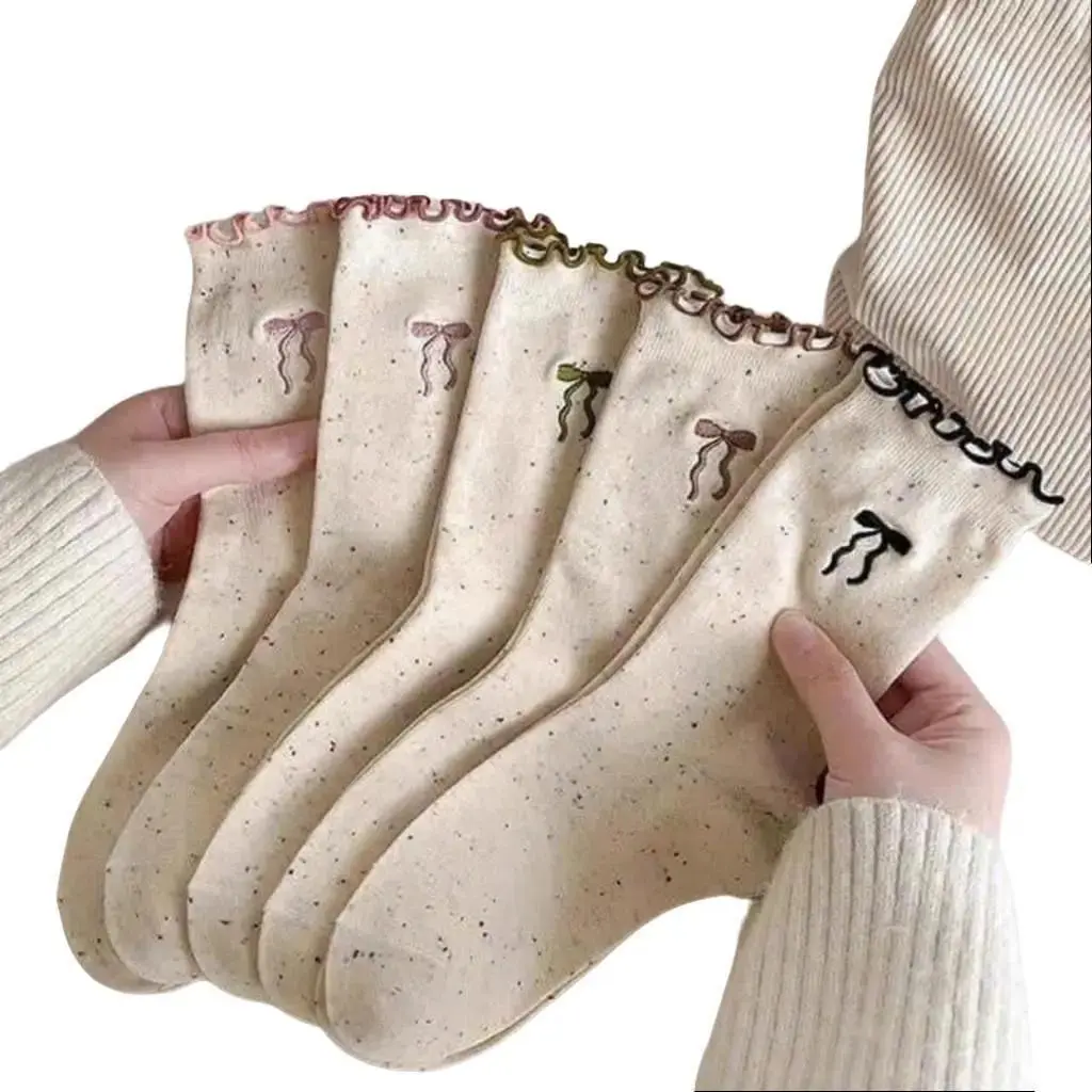 Sét 5 Đôi Tất Nữ Ren Nơ Chấm Sợi Cotton Nguyên Chất Nhật Bản Dễ Thương - Sen