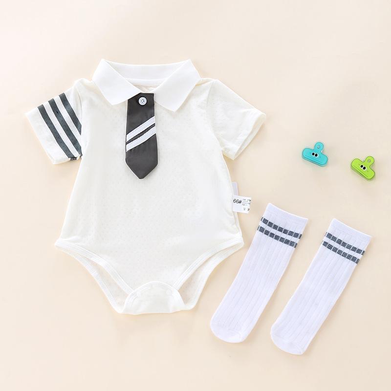 Quần Áo Trẻ Em Áo Liền Quần Ngắn Tay Cho Bé Trai Và Bé Gái, Bao Gồm Tất, Phong Cách Preppy, Làm Bằng Bông, Thích Hợp Cho Trẻ Sơ Sinh Mùa Hè, 0-24 Tuổi, Hàng Mới Về 3