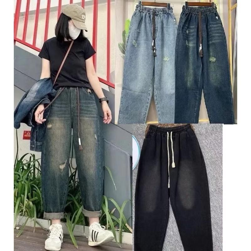 Product Introduction of Quần jeans nữ dáng baggy cạp chun lưng cao có dây rút Biggsize 6