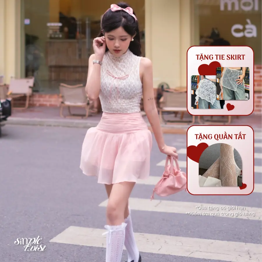 Simple Twist - Áo sát nách cổ lọ ren đính nơ BLOOMING