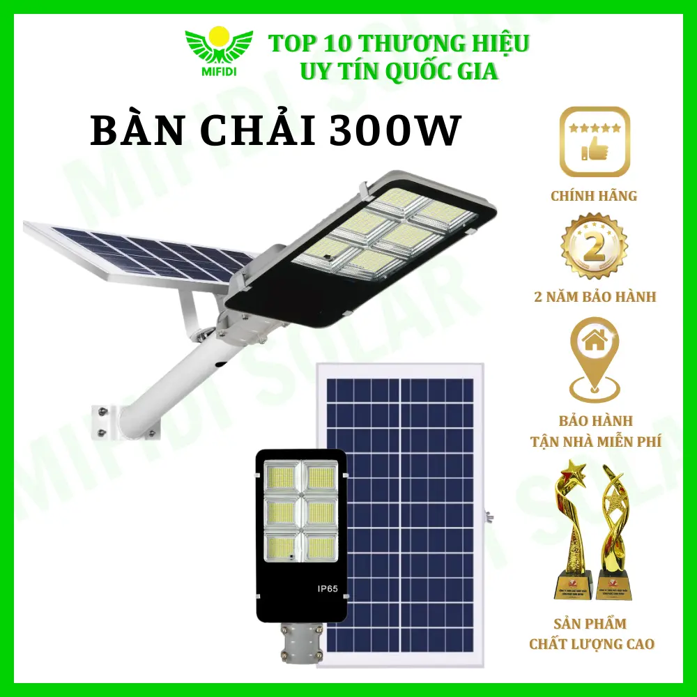 Đèn bàn chải 300W năng lượng mặt trời chính hãng Mifidi Solar, tấm pin lớn, sáng xuyên đêm, bảo hành 2 năm
