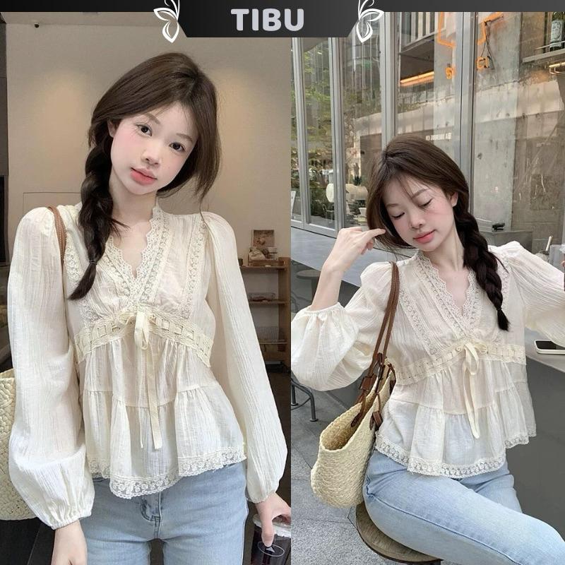 Áo Babydoll Tay Phồng Viền Ren Cột Nơ TIBU Áo Kiểu Nữ Dễ Thương Tiểu Thư Xinh Xắn Đi Chơi Biển Mùa Hè A457
