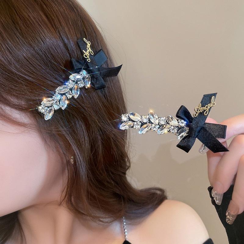 Kẹp Tóc Nơ Màu Đen Cho Nữ, Kẹp Tóc Mái Pha Lê, Kẹp Bên, Kẹp Tóc Thanh Lịch, Phụ Kiện Tóc