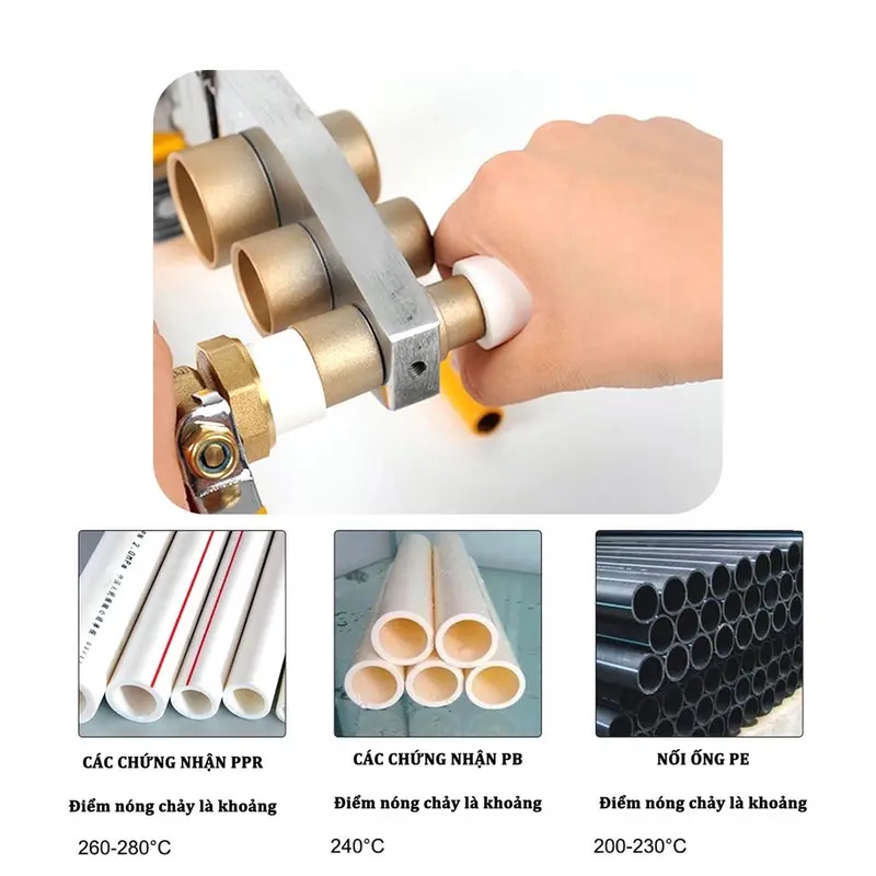 ￼Máy Hàn Ống Nhiệt Các Loại PPR,PE,PB Từ 20-25-32 ( vàng 132 ) / 20-63 ( vàng 163 - 2 lỗ ) Máy Hàn Ống Chuyên Dụng Công Suất 1500w 8