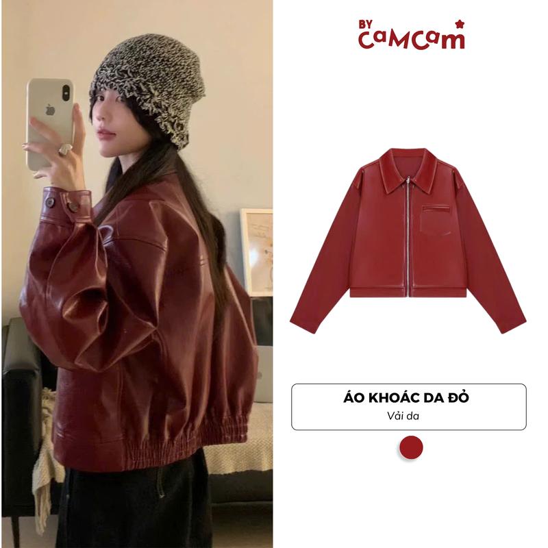 Áo KHOÁC DA ĐỎ Bycamcam Dáng Ngắn Tay Dài Cao Cấp Phong Cách Retro