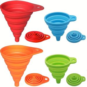 Random Color Funnel Set, 2 Counts Large(Red & Orange) and 2 Counts Small(Blue & Green) Foldable Silicone Funnel, Easy To Transfer Liquid