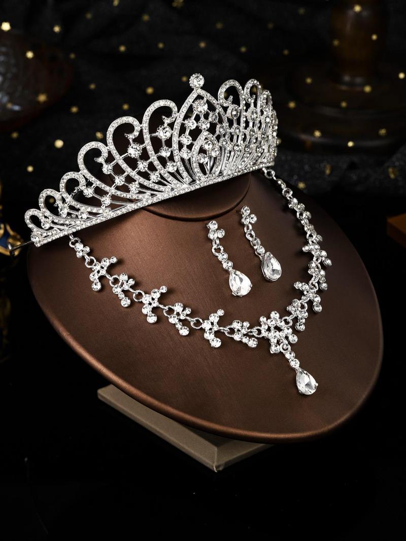 Product Introduction of Elegant Rhinestone Decorated Crown & Necklace & Dangle Earrings, Wedding Bridal Jewelry Set, Fashion Accessories for Party, Daily Clothing Decor 6